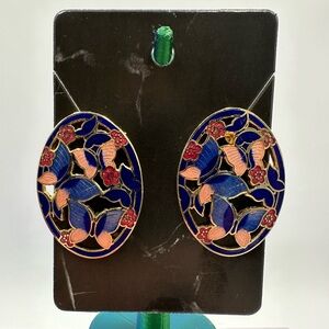 Vintage Round Cloisonné Butterfly Blue Post Earrings